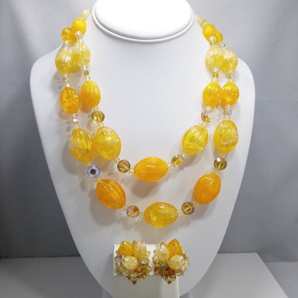 Vintage  Yellow Orange Lucite Beaded Necklace & Earrings, AB Crystals, 1960s - Picture 1 of 10